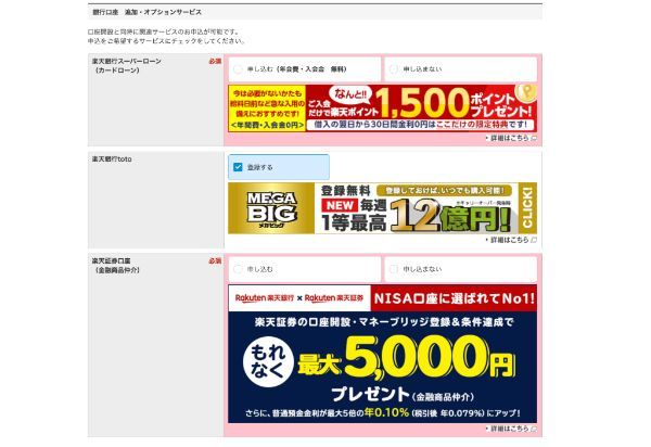 オプションサービスの選択